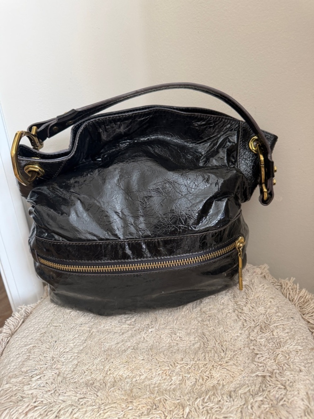 Oryany Black Patent Leather Shoulder Bag with Gold-Tone Hardware